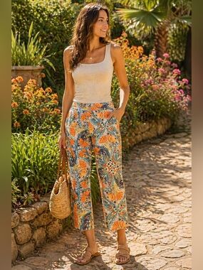Chico’s Floral Pants Sz 1.5 (10–12) Boho Cropped Straight Leg Orange Blue